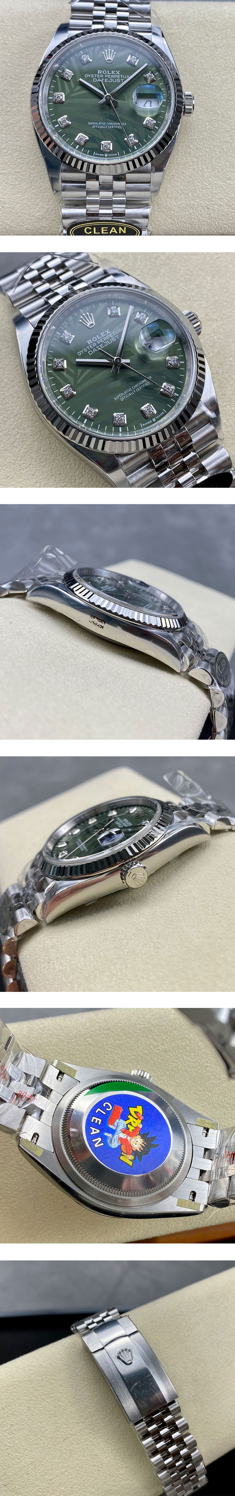 CLEAN製 ロレックスコピー時計 デイトジャストM126234-0055 グリーンパーム 36mm新品