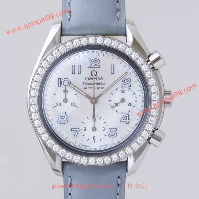 OMEGAオメガ コピー スピードマスター ダイヤベゼル　グレー革 ホワイトシェルグレーアラビア 3815.72.55