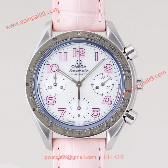 OMEGAオメガ コピー スピードマスター ピンク革 ホワイトシェルピンクアラビア 3834.74.34