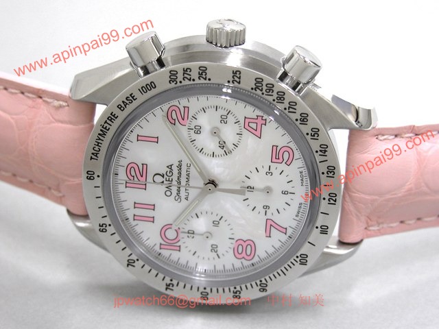 OMEGAオメガ コピー スピードマスター ピンク革 ホワイトシェルピンクアラビア 3834.74.34